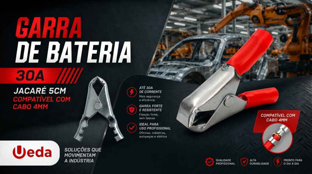 Faca_essa_mesma_imagem_para_202605262222-1024x572 Garra de Bateria 30A Jacaré 5cm com Espaguete UEDA: Segurança e Eficiência para Aplicações Industriais e Linha OEM